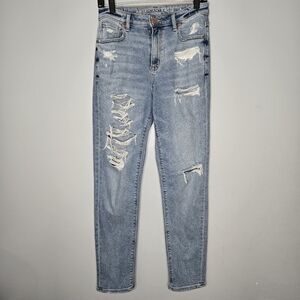 American Eagle Mom Jean Distressed Long Tall womens size 2 ripped Stretch‎ Loose